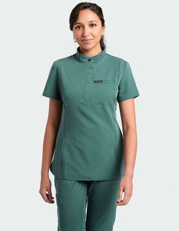 Women's Mandarin Scrub Top - Forest Green